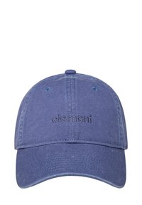 Justerbar blå baseball cap med buet skygge, lavet af tekstureret stof, med et broderet "element" logo i mørkere blå.