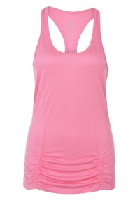 Różowy sportowy top na ramiączkach z dekoltem w serek, z racerbackiem, marszczonymi bocznymi szwami oraz gładkim, elastycznym materiałem.