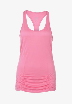 Débardeur de sport rose avec un col dégagé, un dos nageur, des coutures latérales froncées, et un tissu lisse et extensible.