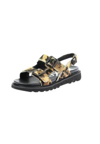 Sandalias de estampado de leopardo negro y amarillo con correas dobles ajustables, suela plana y material texturizado que cuentan con un diseño resistente y un estilo casual.