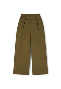 Hoge taille olijfgroene wijde broek met een crepe aan de voorkant, riemlussen en een knoopsluiting in de tailleband.