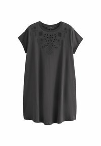 Sötét szürke t-shirt ruha rövid ujjakkal, hímzett virágmintákkal és szem lyukakkal a nyakrészen és a mellkasi területen.