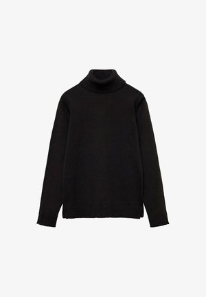 Pull noir à col roulé et manches longues, avec col, poignets et ourlet côtelés, présenté à plat sur fond blanc.