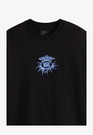 Black cotton t-shirt featuring a central blue graphic design with swirling patterns and the “VANS” logo inside an oval.
