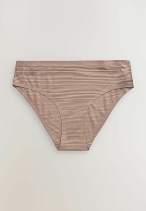 Smeđi prugasti donji dio bikinija s bešavnom pojasom i srednjim strukom. Izrađen od mekanog, rastezljivog materijala za udobnost.