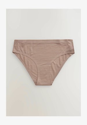 Pruunide triipudega bikiinipüksid, millel on sujuv vöökoht ja keskmise kõrgusega disain. Valmistatud pehmest ja venivast materjalist mugavuse tagamiseks.