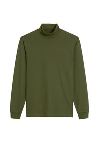 Maslinasto zeleni dolgi rukav majica s rolkom od mekog materijala, opuštenog kroja i minimalističkog dizajna. Sadrži mali logo na prsima.