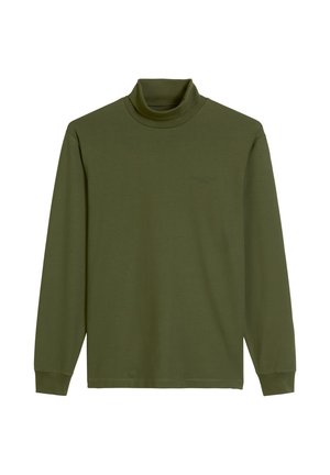 Oliegroene coltrui met lange mouwen in zachte stof, met een relaxte pasvorm en minimalistisch ontwerp. Heeft een klein logo op de borst.