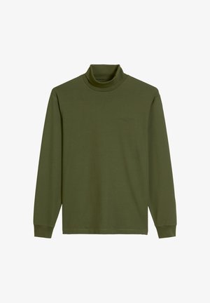 Oliwkowy golf z długim rękawem wykonany z miękkiej tkaniny o luźnym kroju i minimalistycznym designie. Posiada małe logo na piersi.