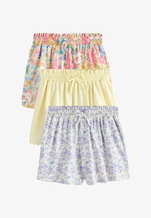 Tre paia di pantaloncini da donna con vita elasticizzata e fiocchi, nei motivi floreali pastello, giallo uniforme e margherite lilla.