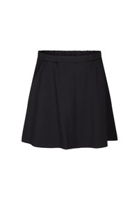 Musta, joustava vyötäröhame, joka on valmistettu pehmeästä kankaasta. Hameessa on levenevä helma ja sileä pinta, joka sopii päiväkäyttöön. Ei kuvioita tai koristeita.