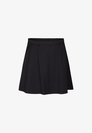 Czarna spódnica na elastycznej talii, wykonana z miękkiego materiału, z rozkloszowanym dołem i gładką fakturą, idealna na codzienne wyjścia. Bez wzorów ani akcentów.