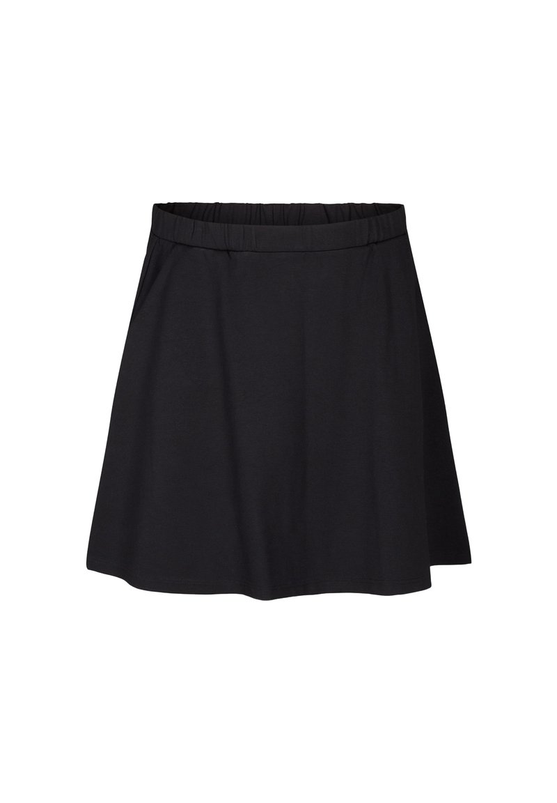 Musta, joustava vyötäröhame, joka on valmistettu pehmeästä kankaasta. Hameessa on levenevä helma ja sileä pinta, joka sopii päiväkäyttöön. Ei kuvioita tai koristeita.