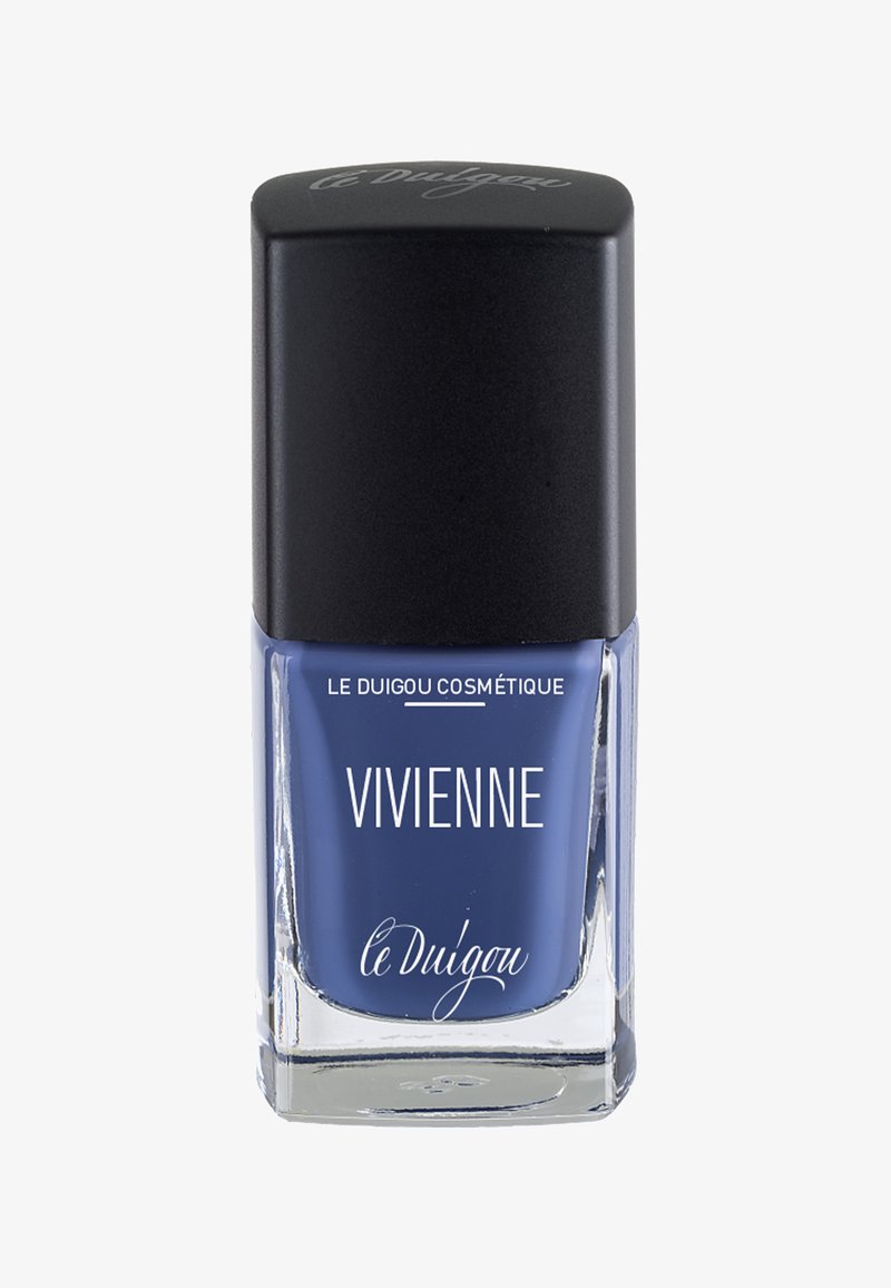 Nagellack in einem Glasbehälter mit quadratischem Boden, ausgestattet mit einem schwarzen Deckel. Dunkelblaue Farbe mit einem glatten, glänzenden Finish. Das Etikett trägt den Schriftzug "Vivienne."