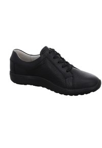 Sneaker en cuir noir avec un dessus texturé, un design à lacets et une semelle en caoutchouc. Dispose d'un intérieur rembourré et d'un bout rond.