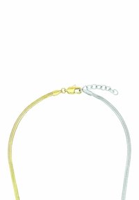 Collana bicolore caratterizzata da una catena metallica dorata e argentata, con chiusura a gancio e catena estensibile per regolare la lunghezza.