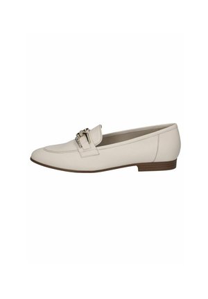 Light beige flat loafer made of leather, featuring a decorative metal buckle on the vamp, with a low, brown stacked heel.