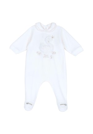 Weißer Baby-Body aus weichem Stoff, mit einem gestickten Schwanenmotiv und floralen Akzenten, mit Druckknopfverschluss am Ausschnitt und an den Ärmelbündchen.