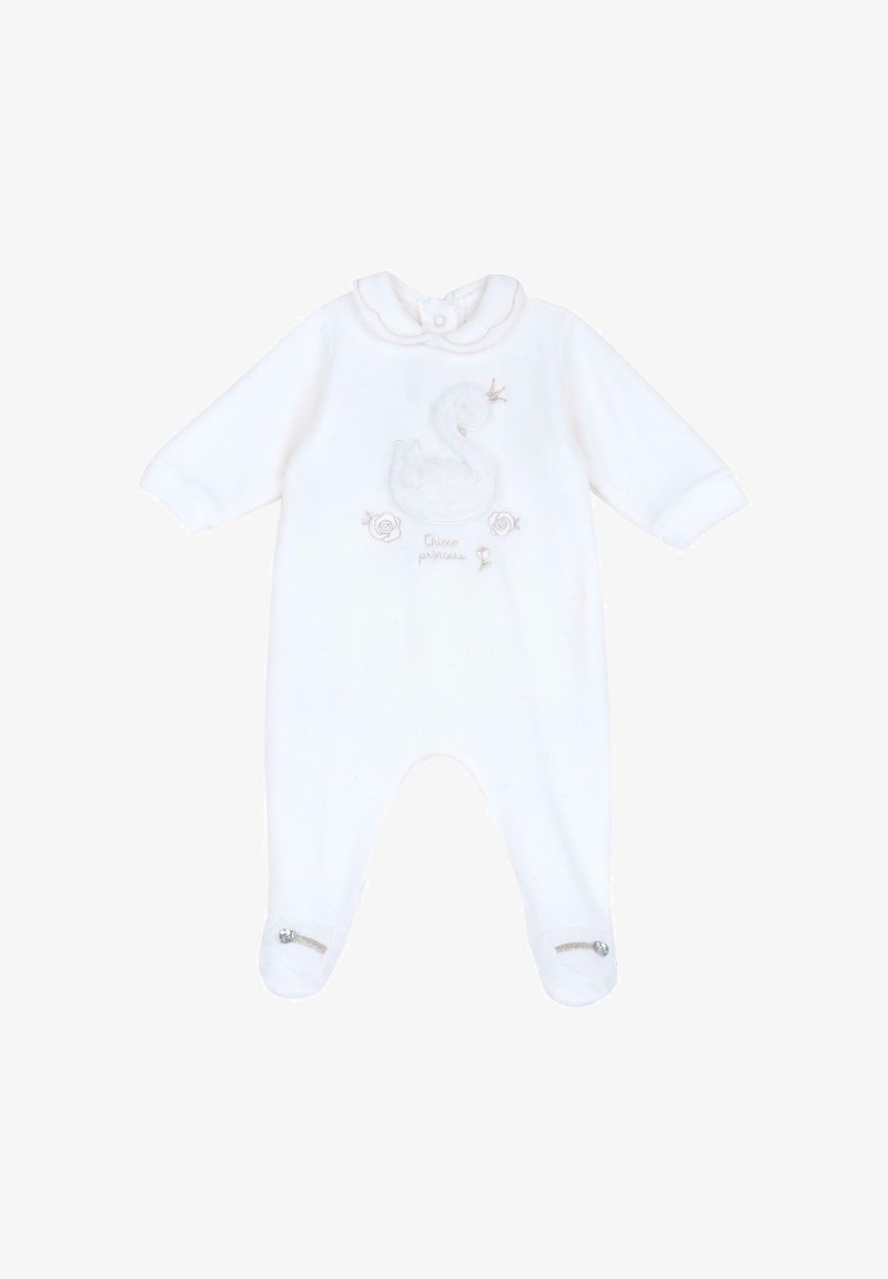 Body bianco per neonati realizzato in tessuto morbido, con un design di cigno ricamato e dettagli floreali, dotato di chiusura a pressione nel collo e nei polsini.