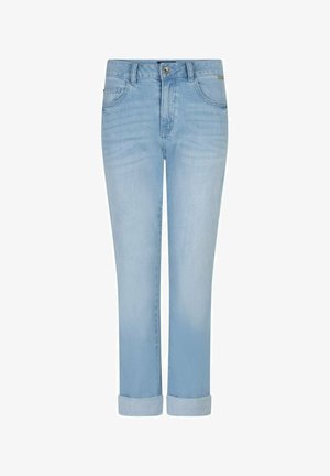 Lyseblå denimjeans med opkrogede manchetter, frontknap og lynlås samt forlommer.
