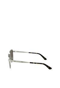 Occhiali in metallo con montatura argentata e bracci in tartaruga scura. Presentano un design elegante e un marchio inciso sulle tempie.
