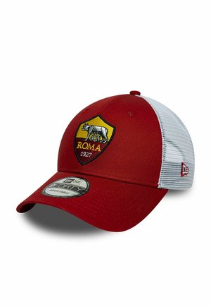 Rotes und weißes verstellbares Baseballcap mit dem Logo des Fußballclubs AS Roma, das die Wölfin und die Zwillinge auf dem vorderen Panel zeigt.