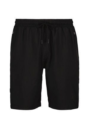 Black athletic shorts with an elastic waistband and drawstring. Features two side zip pockets and a logo detail on the lower left side.