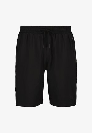 Schwarze Sportshorts mit elastischem Bund und Kordelzug. Verfügt über zwei seitliche Reißverschlusstaschen und ein Logo-Detail auf der unteren linken Seite.