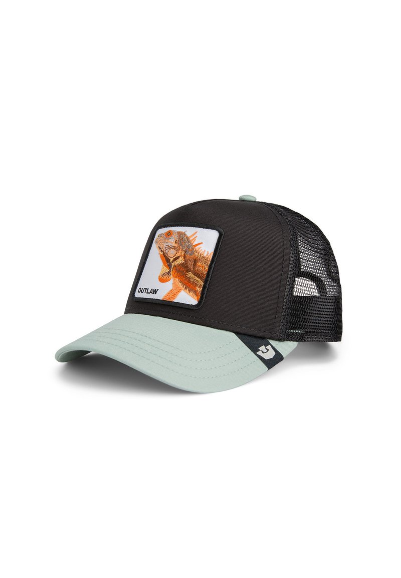 Black cap with mint green visor, featuring a mesh back. Front patch displays an iguana graphic with orange accents and "OUTLAW" label.