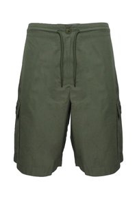 Pantaloni cargo verdi realizzati in tessuto leggero, dotati di vita con cordoncino, tasche laterali e una vestibilità comoda e rilassata.