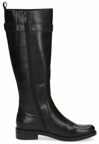 Bota de cuero negra hasta la rodilla con una textura suave, cremallera lateral y una sutil correa decorativa cerca de la parte superior, con un tacón bajo tipo bloque.
