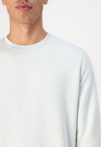 Světlě modrá mikina s kulatým výstřihem a dlouhými rukávy. Na hrudi je jemné, vyražené logo. Hladká textura látky.