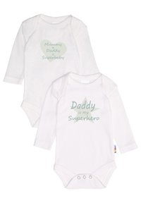Two white baby bodysuits, one with text in a heart and one with a star, both featuring light green graphic designs and snap closures at the bottom.