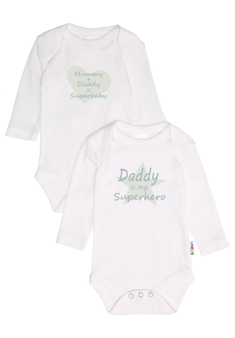 Two white baby bodysuits, one with text in a heart and one with a star, both featuring light green graphic designs and snap closures at the bottom.