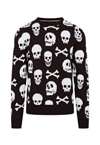 Pull en tricot noir avec un motif répété de skulls et de croix. Encolure ronde et poignets et ourlet côtelés.