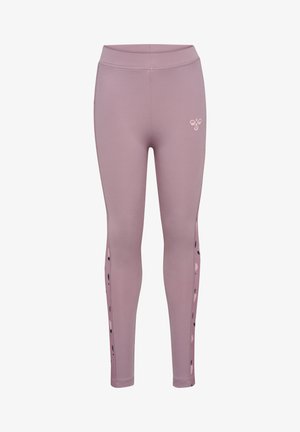 Mauve high-waisted legging met subtiele bloemenpatroonpanelen aan de buitenzijden van de kuiten en een klein logo op de bovenste linker dij.
