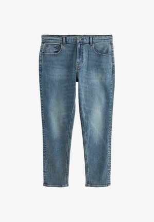 Jean en denim bleu avec une taille mi-haute, cinq poches et un délavage clair. Présente des zones décolorées et un design à jambes droites.