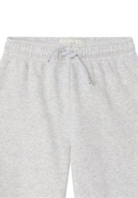 Pantalon de survêtement gris clair en coton doux, avec une taille élastique munie d'un cordon de serrage et une texture subtile sur toute la surface.