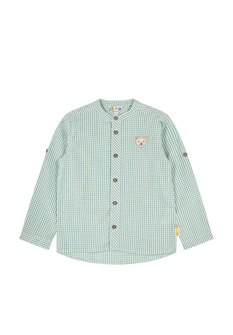 Camicia a maniche lunghe a quadretti verdi con collo tondo, chiusura frontale con bottoni, patch a forma di orso sul petto e maniche arrotolate con dettagli di bottoni.