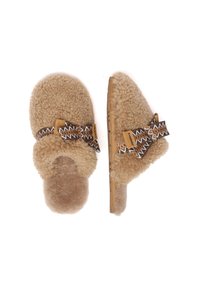 Fuzzy beige slippers with a soft texture, featuring a brown patterned strap and bow detail. Durable tan rubber sole for traction.