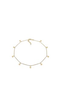 Collier délicat en chaîne d'or avec neuf petits pendentifs ronds en or espacés uniformément et un fermoir mousqueton avec maillons ajustables.