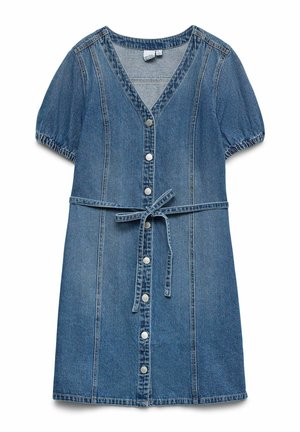 Sukienka dżinsowa z krótkimi bufkami, dekoltem w serek, zapięciem na guziki z przodu oraz paskiem. Posiada dopasowaną talię i lekko rozkloszowany dół. Kolor: niebieski.