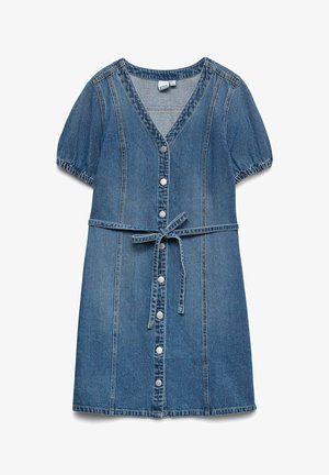 Sukienka dżinsowa z krótkimi bufkami, dekoltem w serek, zapięciem na guziki z przodu oraz paskiem. Posiada dopasowaną talię i lekko rozkloszowany dół. Kolor: niebieski.