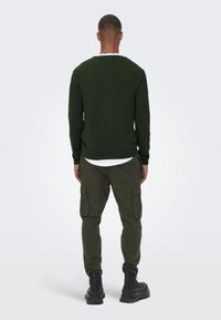 Pull vert à col rond avec manches longues, associé à un pantalon cargo olive. Le pull a une texture lisse ; le pantalon présente des poches latérales et une coupe décontractée.