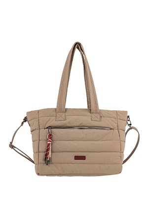 Bolso tote beige acolchado con dos asas superiores, correa de hombro desmontable, bolsillo delantero con cremallera y adorno de borla decorativa.