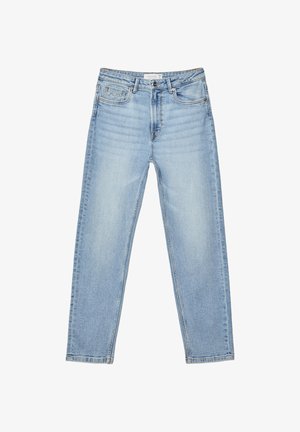 Svetlomodré deninové džínsy so strihom rovného strihu, dizajnom s piatimi vreckami, jemným detailom fúkania a zapínaním na gombík.