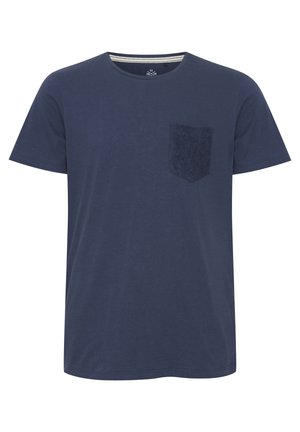 Navy blue T-shirt made of cotton, featuring a textured patch pocket on the left chest and a crew neckline with stripes inside.