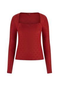 Rode top met lange mouwen en een vierkante halslijn, voorzien van een textuurpatroon over het geheel. Gemaakt van rekbare stof voor een aansluitende pasvorm.