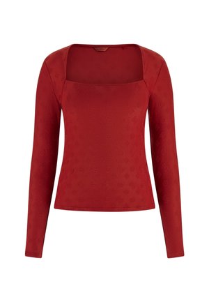 Rode top met lange mouwen en een vierkante halslijn, voorzien van een textuurpatroon over het geheel. Gemaakt van rekbare stof voor een aansluitende pasvorm.