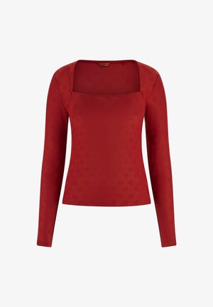 Czerwona bluzka z długim rękawem i kwadratowym dekoltem, z teksturowanym wzorem na całej powierzchni. Wykonana z elastycznej tkaniny, zapewniającej dopasowany wygląd.